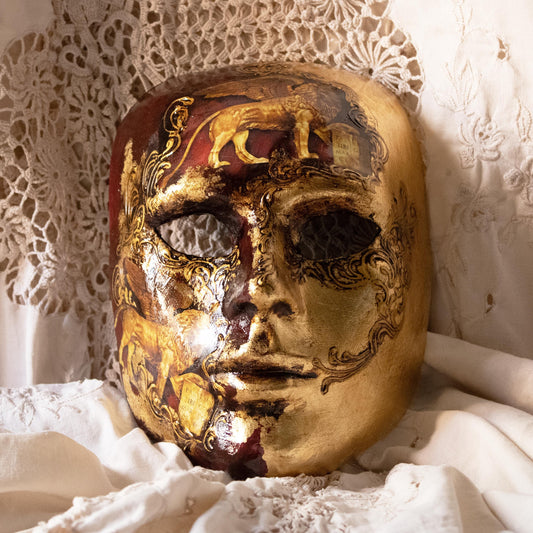 Volto Uomo maschera veneziana Leone San Marco decoupage in cartapesta foglia oro
