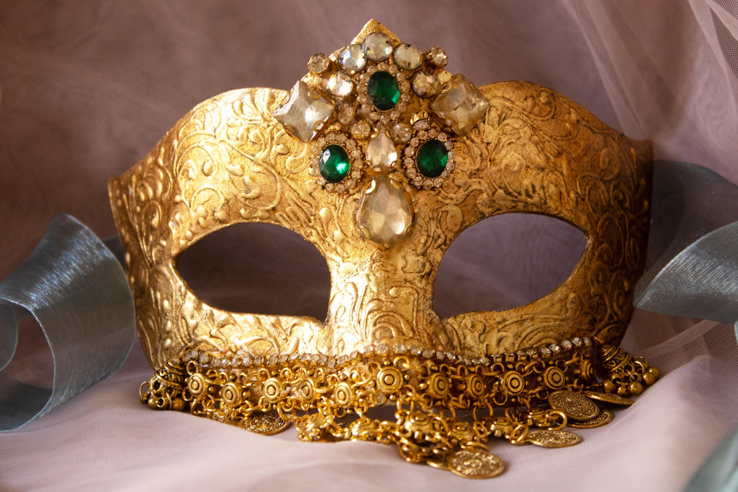 Maschera Veneziana Foglia Oro: Colombina Oriente Strass