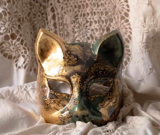 Maschera Veneziana Fatta a Mano: Foglia Oro, Decoupage, Dettaglio in Rilievo