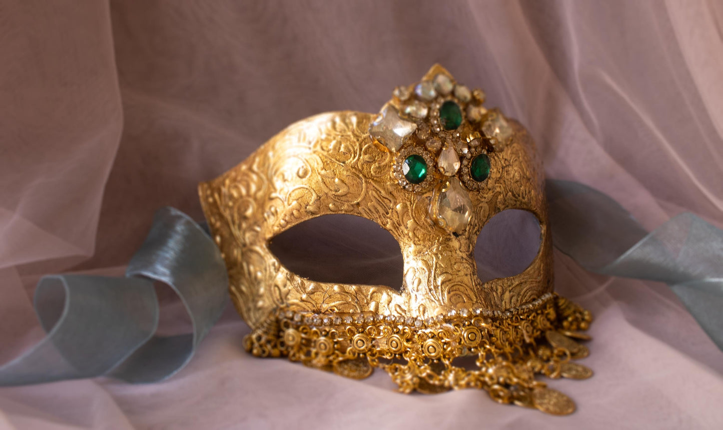 Maschera Veneziana Foglia Oro: Colombina Oriente Strass