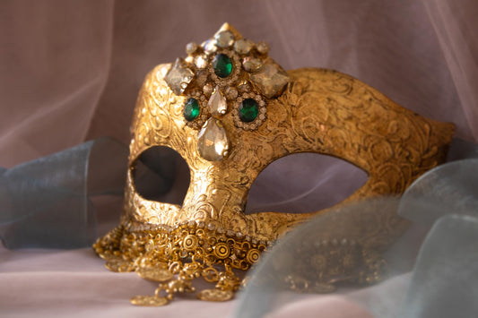 Maschera Veneziana Foglia Oro: Colombina Oriente Strass